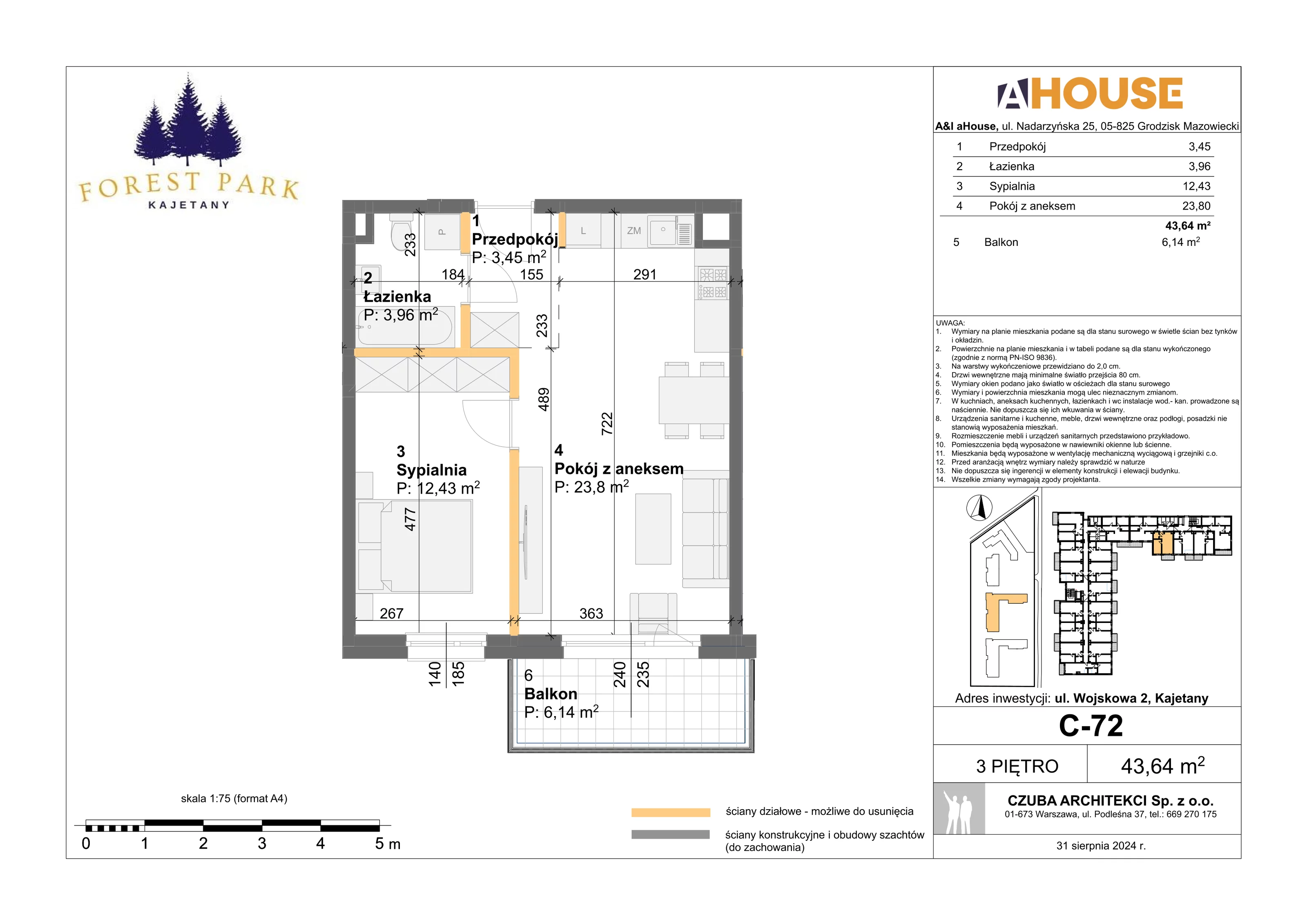 2 pokoje, mieszkanie 43,64 m², piętro 3, oferta nr C-72, Forest Park Kajetany, Kajetany, ul. Wojskowa 2